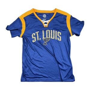 NHL St Louis Blues Lace Up V Neck Jersey Style T Shirt Blue Yellow Medium NWOT‎